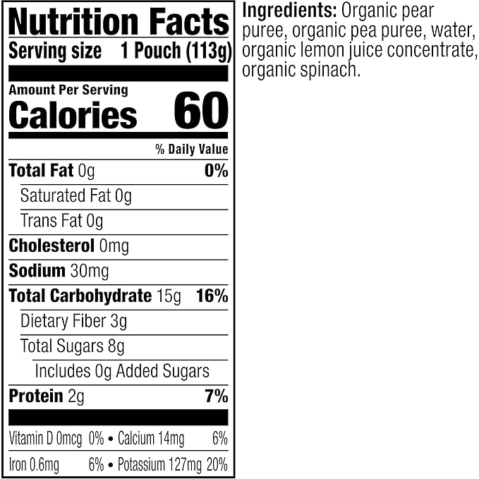 Plum Organics - 6+ Months Organic Baby Food - Pear + Pea & Spinach - Non-GMO - Fruit & Veggie Blends On-The-Go Pouches for Baby & Toddler Meals - Quality Tested Ingredients -4 oz (Pack Of 12)