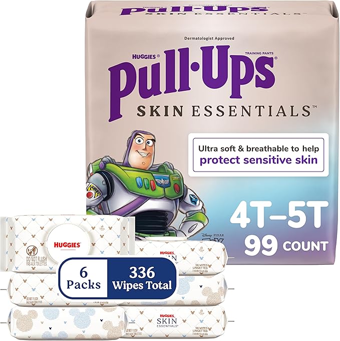 Pull-Ups & Huggies Skin Essentials Bundle: Pull-Ups Skin Essentials Training Pants for Boys, Size 4T-5T (38-50 lbs), 99 Count (3 Packs of 33) & Huggies Skin Essentials Baby Wipes, 6 Packs, 336 Count