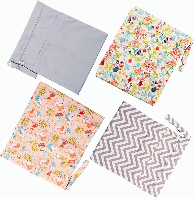 Kingrol 4 Pack Waterproof Wet Dry Bags for Baby Cloth Diaper, Travel Bag with Two Zippered Pockets and Snap Handle for Baby Items Beach Pool Swimsuits Yoga Gym Clothes Toiletries