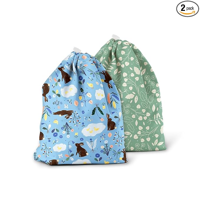 Esembly Ditty Bag Duo - Reusable Waterproof Wet Bags for Cloth Diapers, Swimsuits, Toiletries, and Snacks, Set of 2 - Bunnies + Botany