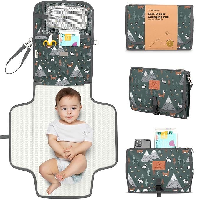 KeaBabies Portable Diaper Changing Pad, Travel, Car - Large Waterproof Baby Changing Mat, Wipeable, Padded, On The Go Travel Diaper Clutch Bag, Easy to Use Pockets for Newborn Essentials (Woods)
