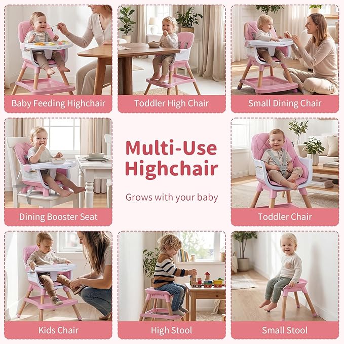 BABY JOY 8-in-1 High Chair, Convertible Wooden Highchairs for Babies and Toddlers | Dining Booster Seat | Toddler Stool, Double Removable Tray, 5-Point Safety Harness & Waterproof PU Cushion (Pink)