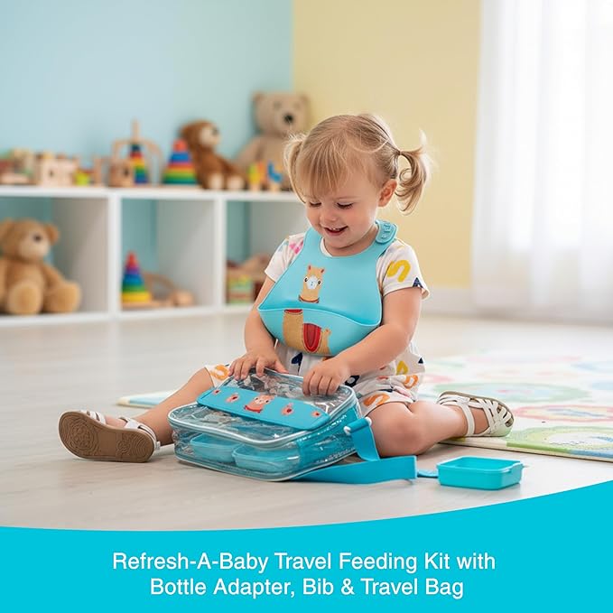 Refresh-A-Baby Feeding Essentials Kit for Feeding on the go, Feeding Travel Set with Universal Bottle Top Adaptor, Resealable Container, Silicone Bib, Clear Travel Bag & More (Llama Love)