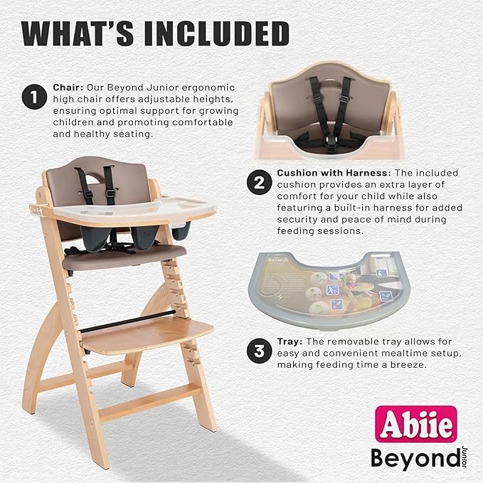 Abiie Beyond Junior Wooden High Chair for Babies and Toddlers - Convertible 3-in-1 Baby Highchair with Removable Tray - 6 Months to 250 Lb - Water Resistant - Natural Wood with Soft Mocha Cushion