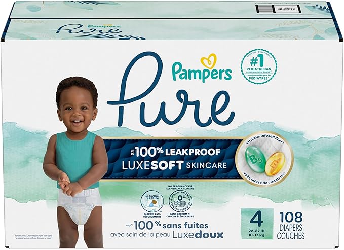 Pampers Pure Baby Diapers, Size 4 (22-37 lbs), 108, Up to 100% Leakproof, Premium Hypoallergenic Soft Diapers