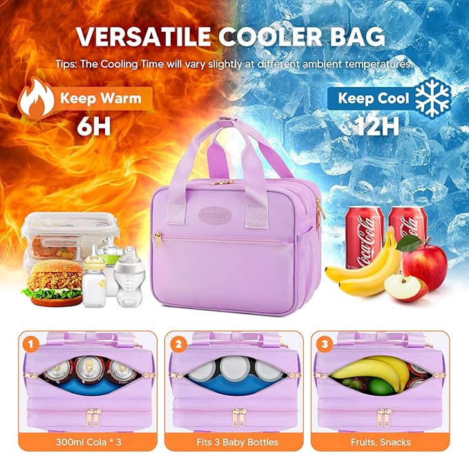 PIIOSER Breastmilk Cooler Travel Bag with Ice Pack, Compatible with Wearable Breast Pumps & Accessories - Portable Hands Free Breast Pump Carrying Case for Nursing & Working Moms, Purple