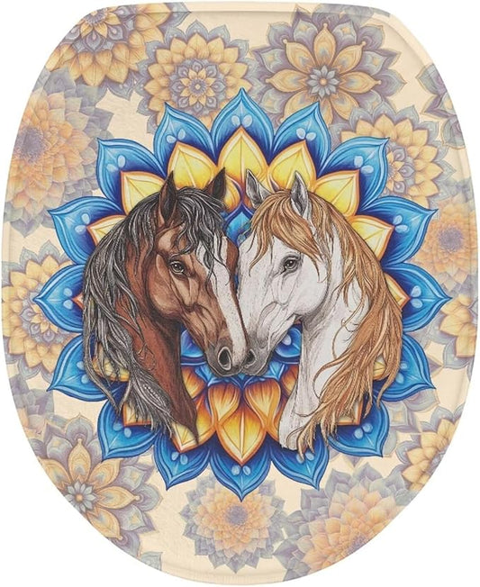 Horse Print Toilet Cover Elastic Edges Seat Covers Boho Flower Toilet Cover Soft and Breathable Toilet Lid Covers for Bathroom Fits Most Toilet Lids Covers，Bathroom Accessories Decor