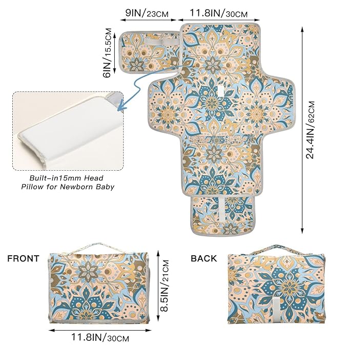 Portable Diaper Changing Pad Travel Baby Changing Mat Waterproof Diaper Changing Mat Foldable Lightweight Baby Changer with Built-in Pillow Yellow Mandala