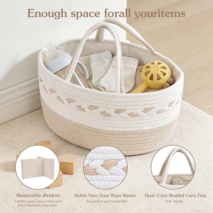 Diaper caddy Organizer, Cotton Rope Gift Basket with Removable Divider, Nursery Storage Organizer for Baby Essentials, Changing Table Diaper Storage Caddy (Brown)