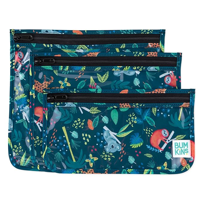 Bumkins Jungle Waterproof Wet Bag, Travel Bags & TSA Pouches Organizer Set of 4 Reusable Zip Bags