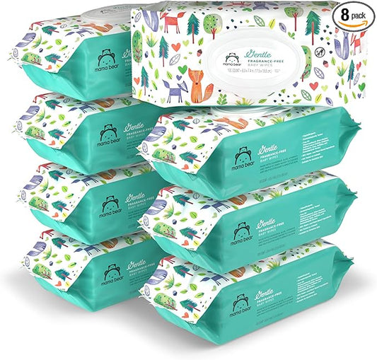 Amazon Brand - Mama Bear Gentle Formulated without Fragrance Baby Wipes, Hypoallergenic, Sensitive Skin, Unscented, 800 Count (8 Packs of 100)