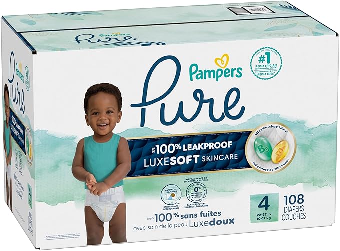 Pampers Pure Baby Diapers, Size 4 (22-37 lbs), 108, Up to 100% Leakproof, Premium Hypoallergenic Soft Diapers