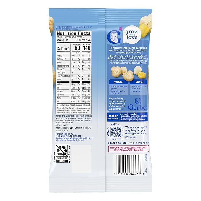 Gerber Toddler Snacks, Snacks for Kids, Kernel Free, Heart Shaped Puffcorn Snack, Classic Corn Flavor, Zinc and Iron Helps Support Immune System, 7-Pack