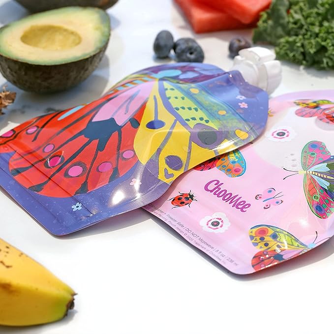 ChooMee Reusable Baby Food Storage Pouches | BPA Free Leakproof Toddler Squeeze Pouch for Smoothies, Purees & Baby Food | Refillable, Double Zipper, Easy Clean, Wide Bottom | 6CT, 8oz FlutterBug