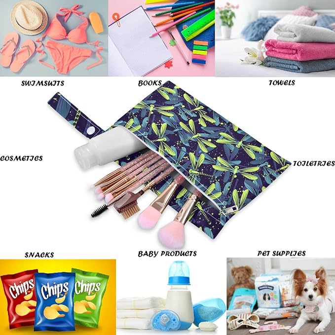 visesunny Blue Yellow Dragonfly Dot 2Pcs Wet Bag with Zippered Pockets Washable Reusable Roomy for Travel,Beach,Pool,Daycare,Stroller,Diapers,Dirty Gym Clothes, Wet Swimsuits, Toiletries