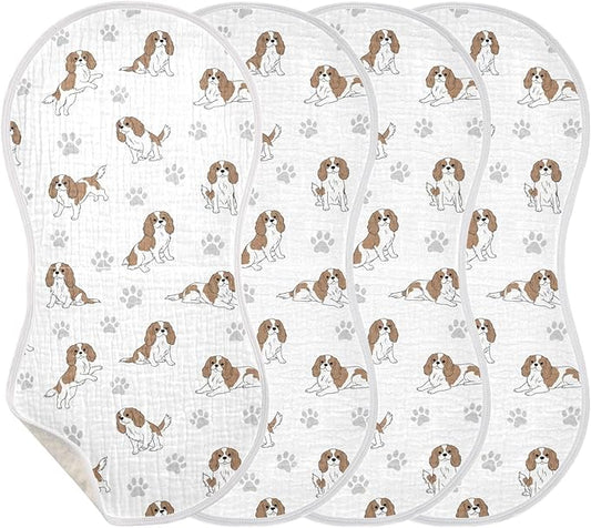 4 Pack Muslin Burp Cloths Cavalier Dogs Paw White Cotton Baby Burp Cloths Ultra Absorbent Burping Cloth Soft Spit Up Rags for Newborn Babies Boys Girls 22x11 Inch
