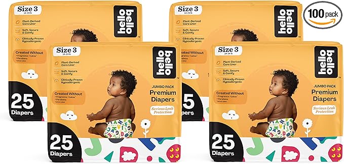 Hello Bello Premium Baby Diapers Size 3 I 25 Count of Disposable, Extra-Absorbent, Hypoallergenic Baby Diapers with Snug and Comfort Fit I Alphabet Soup (Pack of 4)