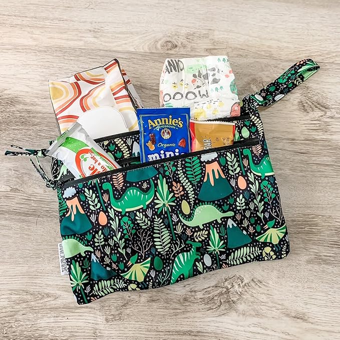 BapronBaby Dino Days Wet Dry Bag - Waterproof Two Zipper Pockets - Reusable for Mealtime, Diapers, Stroller, Snacks, Swimsuits - Machine Washable - 11" x 9"