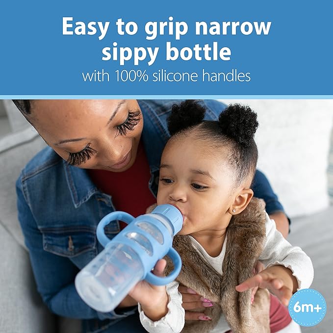 Dr. Brown's Milestones Narrow Sippy Bottle with 100% Silicone Handles, Easy-Grip Bottle & Natural Flow Y-Cut Narrow Baby Bottle Silicone Nipple, Ideal for Thicker Liquids, 9m+