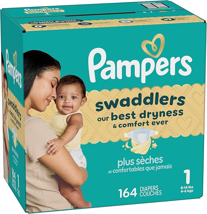 Pampers Swaddlers Diapers, Size 1 (8-14 lbs), 164 Count, Absorbent, Keeps Baby Dry and Comfortable, Skin Safe Disposable Baby Diaper