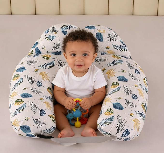 Nursing Pillow for Breastfeeding,Ergonomic Baby Feeding Pillows with Removable Washable Cotton Slipcover, Adjustable Waist Strap,Plus Size,More Support for Mom and Baby(Blue Leaf)