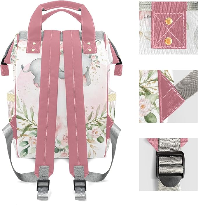 Pink Elephant Flower Diaper Bag Backpack Multifunction Bags with Changing Pad Unisex Stylish Travel Back Pack Nappy Custom Bag for Moms Dads