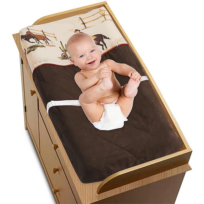 Sweet Jojo Designs Chocolate Brown Western Cowboy Boy Baby Changing Pad Cover – Infant Newborn Diaper Table Change Mat Sheet - Wild West Southern South Horse Cow Animal Tan Beige Red White and Blue
