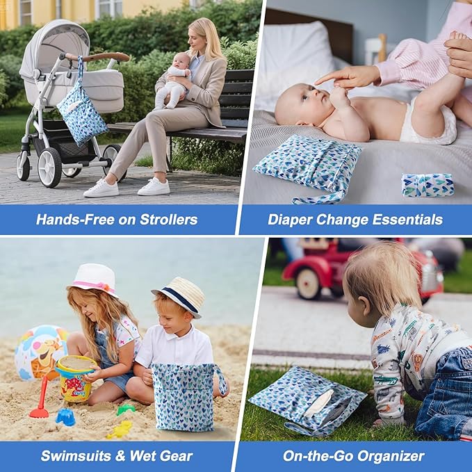 Waterproof Wetbag, Wet Bags for Baby Cloth Diapers and Soiled Clothes, Reusable Wet Bag for Swimsuit and Towels with Double Zipper Pockets, Travel Beach Pool Essentials