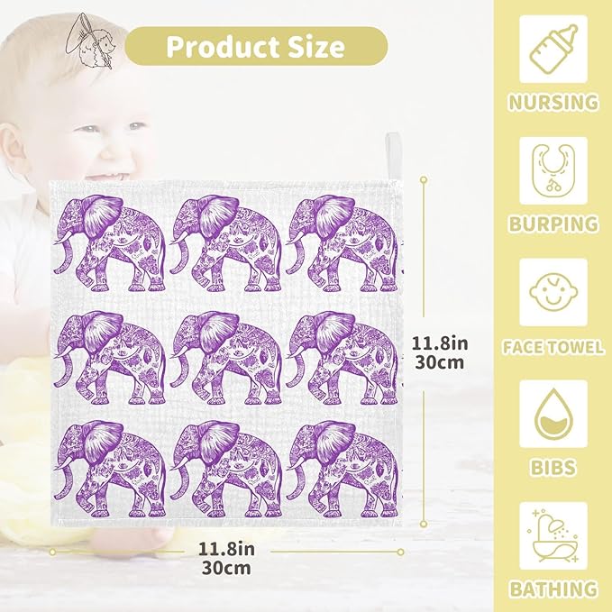 vvfelixl Purple Outline Elephant Baby Burp Cloths Baby Muslin Washcloths for Boys Girls Cotton Babys Face Towel for Newborn Infants Soft and Absorbent 11.8 X 11.8 in, 5 Pack