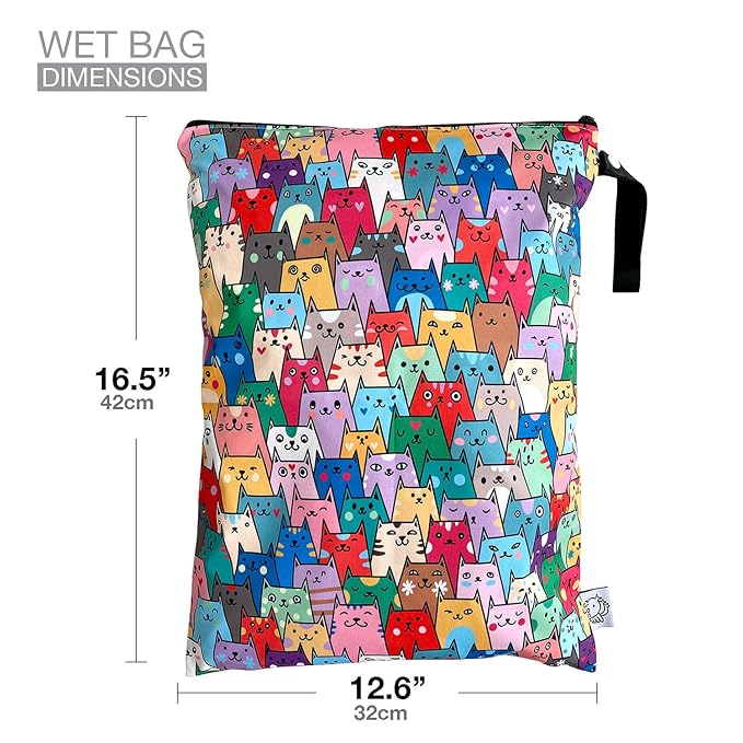 FLOCK THREE Washable and Reusable Wet Dry Bag Diaper Bag Water Resistant Swimming Bag Travel Toiletries Pouch Yoga Gym Bag Cute Cat 12.6'' x 16.5''
