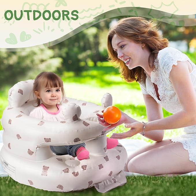 Inflatable Baby Seat for Babies 3-36 Months, Aloxina Sit Me Up Floor Chair with Built-in Air Pump, Squeaky Ears & Full Surround Design, Infant Support Seat for Sitting & Feeding (Bear)