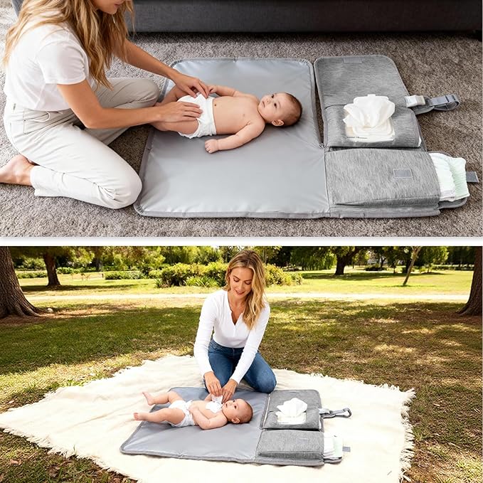 Portable Changing Pad for Travel, Waterproof & Wipe-Clean Changing Mat with Storage Pocket, for Diaper Bag,Grey