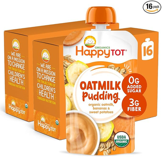 HAPPYTOT Organics Oatmilk Pudding, Dairy-Free, Stage 4 Toddler Snack, Oatmilk, Bananas & Blueberries, 4 Ounce Pouch, Pack of 16