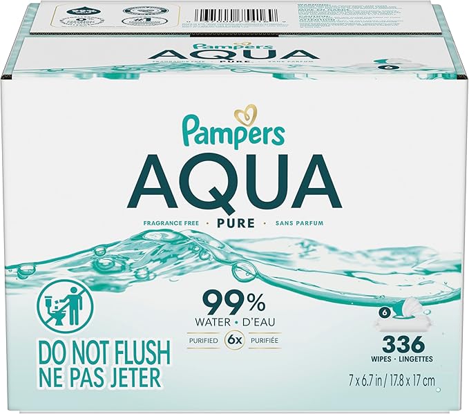 Pampers Aqua Pure Baby Wipes, 99% Water, Fragrance Free, 336 Baby Wipes Total (6X Flip-Top Packs) [Packaging May Vary]