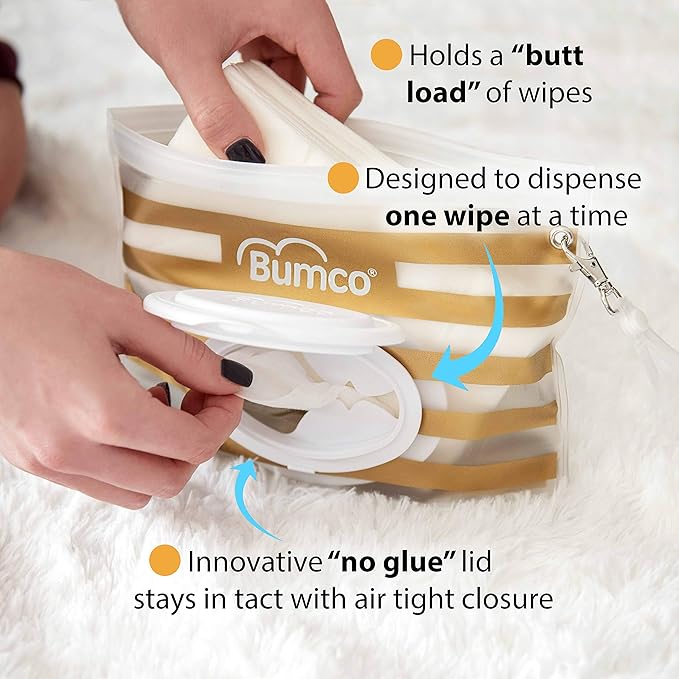 BUMCO Airtight Wipes Dispenser, Keeps Wet, Reusable Refillable Pouch, Diaper Bag Organizer for Travel, Carrying Clutch, Unique Baby Gift for Girl Boy [Black & Blue]