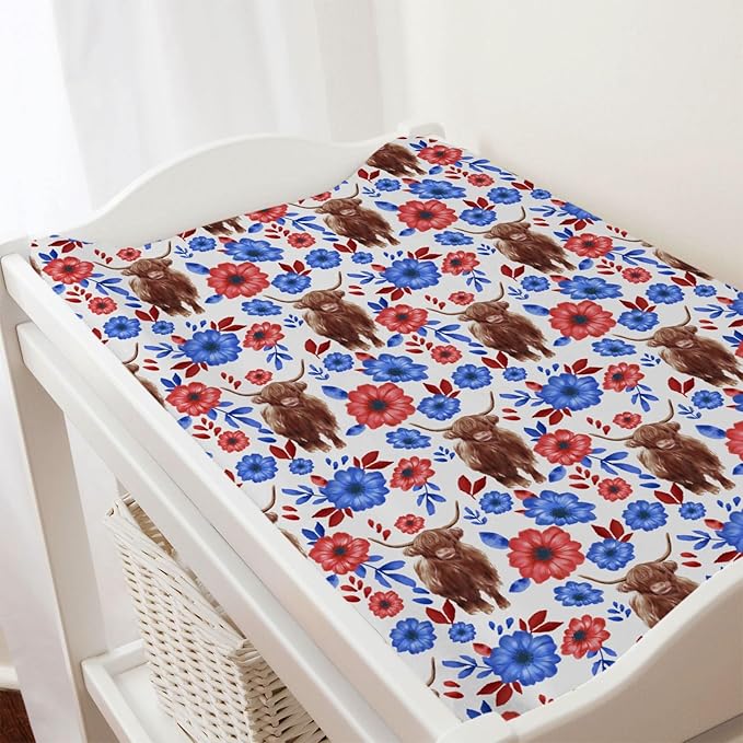 Highland Cows Boho Floral Changing Pad Cover Cute Yak Red Blue Flowers Diaper Changing Table Cover Sheets for Boys Girls Soft Breathable Stretchy Fitted Changing Table Mats 32''x16''