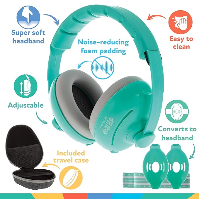 Nuby Soft Sounds 2-in-1 Noise-Canceling Baby Earmuffs with Travel Case - Adjustable Noise Protection for Infants and Toddlers - Aqua