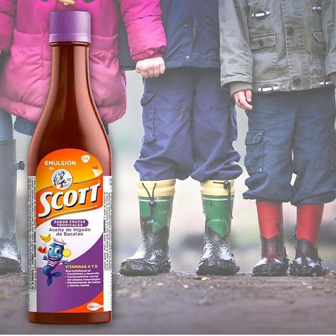 DECA EXPERTS Emulsion de Scott Aceite de hígado de bacalao sabor Frutas Tropicales Pack de 2 de 6.1 fl oz - 180 ml - con vitamina A y Calcio, suplemento dietético para niños, despensa Colombiana