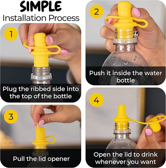 Spill-Proof Water Bottle Spout Adapter for Kids - Water Bottle Adapter Toddlers and Adults - BPA Free Water Bottle Tops - Compact Silicone Sippy Cup Lids - 4 Pack Red Blue Green Yellow