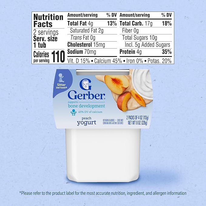 Gerber Stage 2 Baby Food, Peach Yogurt Tubs, Calcium Helps Support Bone Development, Baby Yogurt, 2-Pack