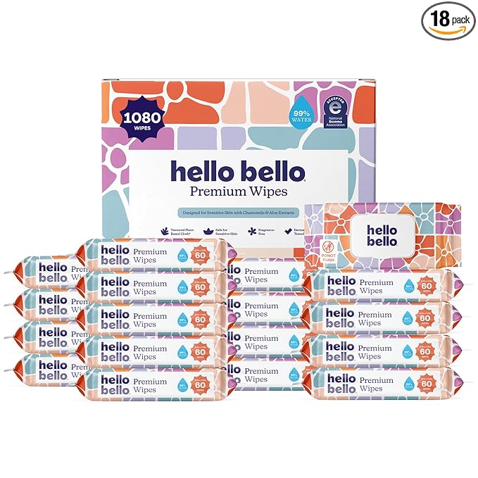 Hello Bello Premium Wipes, Designed for Sensitive Skin with Chamomile & Aloe Extracts, Flower Pop (18 Resealable Packets = 1080 Total Wipes)