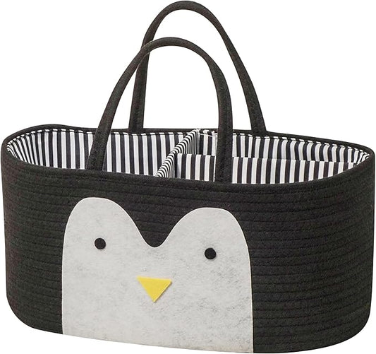 T&T Homewares Diaper Caddy Organizer, Cotton Rope Diaper Caddy Basket, Baby Shower Basket, Nursery Storage Bins, Newborn Caddie- Cat, Fox, Penguin (Black Penguin)