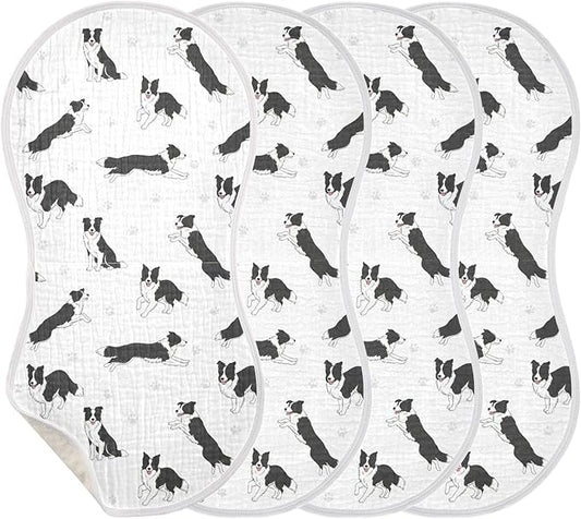 4 Pack Muslin Burp Cloths Collie Dog Paw White Cotton Baby Burp Cloths Extra Absorbent and Soft Burping Cloth for Newborn Babies Boys Girls 22x11 Inch