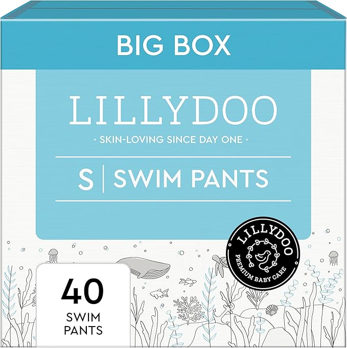 LILLYDOO Baby Swim Diapers - Size Small (13-24 lbs), Half-Monthly Supply (40 Count), Blue Whales Design, Skin-Friendly, Perfume- & Chlorine-Free, Hypoallergenic, Dermatologist Tested, Oeko-TEX®