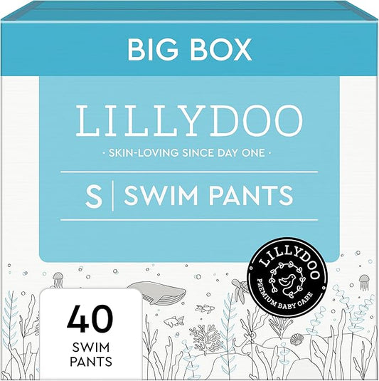 LILLYDOO Baby Swim Diapers - Size Small (13-24 lbs), Half-Monthly Supply (40 Count), Blue Whales Design, Skin-Friendly, Perfume- & Chlorine-Free, Hypoallergenic, Dermatologist Tested, Oeko-TEX®