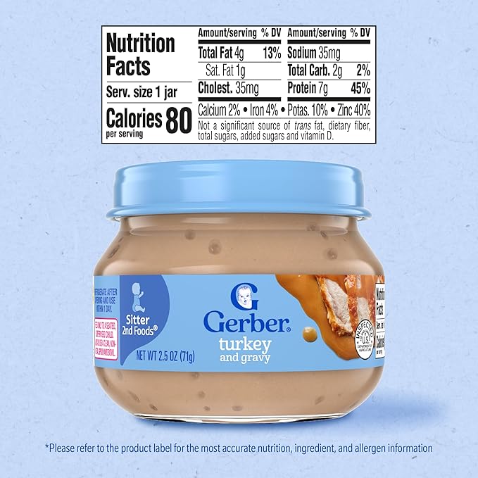 Gerber Stage 2 Baby Food, Turkey and Gravy Jar, Baby Food Poultry Puree, Baby Mealtime, Baby Puree Jars Glass, 10-Pack