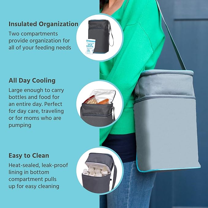 J.L. Childress Six Bottle Breast Milk Cooler Travel Bag - Insulated Baby Bottle Storage Bag, Portable Organizer Pack for Breast Milk, Use for Daycare or On The Go - Black Stripe