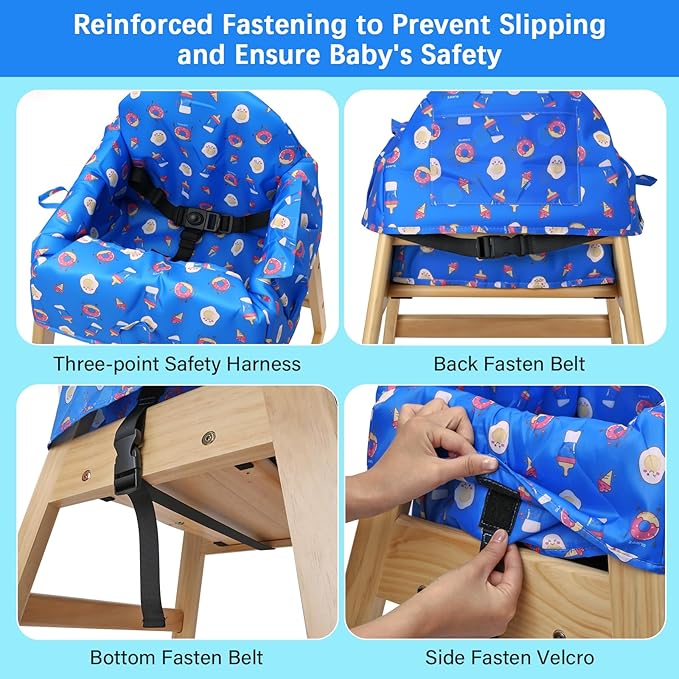 Baby High Chair Cover Restaurant with 3-Point Harness,Portable High Chair Covers for Travel,Dining Out,Waterproof and Machine Washable,Inner Padded,Fits Wooden High Chairs,Blue