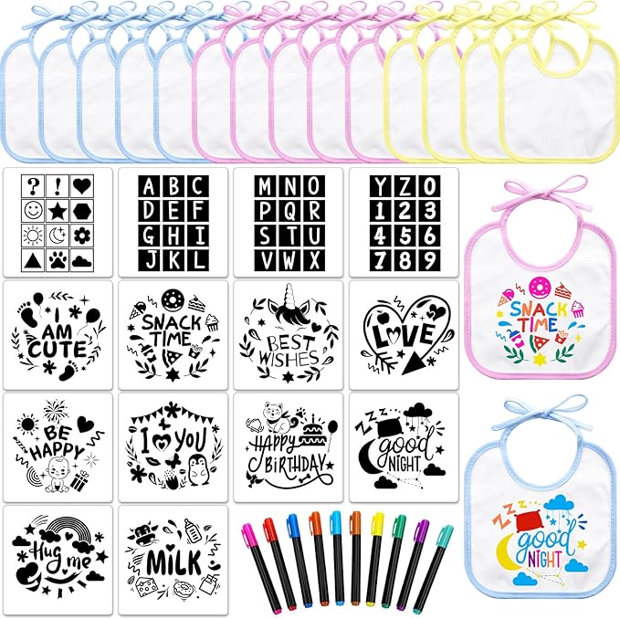 Jutom 38 Pcs DIY Baby Bibs Decorating Kit 14 Bibs 14 Stencils 10 Fabric Markers 2 Ply Feeder Design Bib for Shower Games