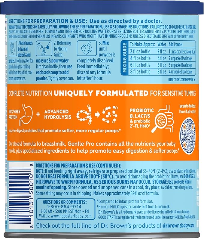 Good Start | Dr. Brown's Gentle Pro, Baby Formula Powder, For Sensitive Tummies, Easy Digestion and Softer Poops, Infant Formula with Probiotics, DHA, Non-GMO